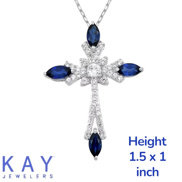 Marquise Blue Sapphire & White Sapphire Mastercraft Cross Necklace Stamped 925 - Picture 4 of 4